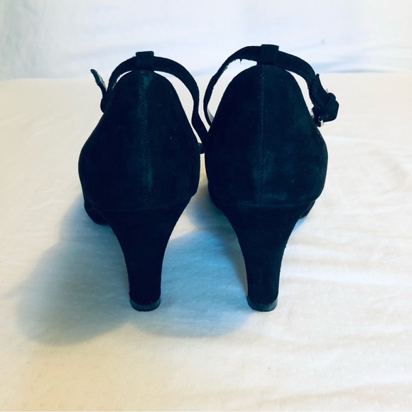 Black Suede Heels 9.5 Dress Shoe Peep Toe, Ankle Strap Womens Liz Claiborne - Picture 4 of 12